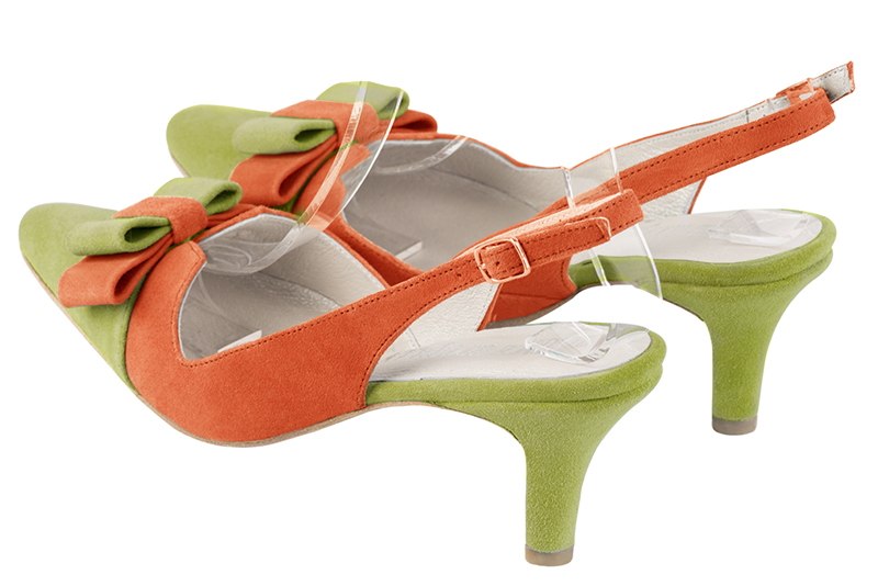 Pistachio green and clementine orange women's open back shoes, with a knot. Tapered toe. Medium slim heel. Rear view - Florence KOOIJMAN